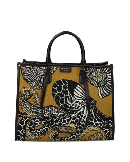 MY BEST BAG Black Big Atena Sea Creatures Print Tote Bag