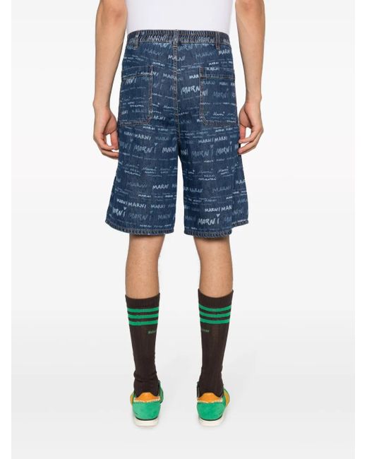 Marni Blue Logo-Print Denim Shorts for men