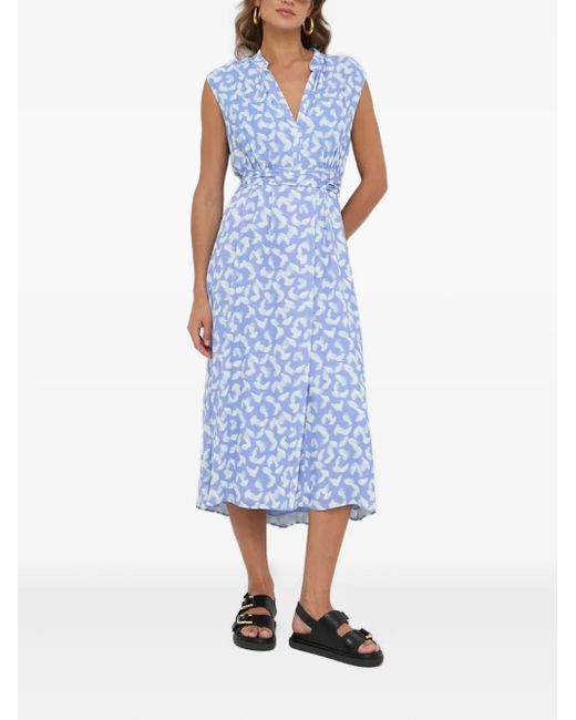 Boss Blue V-Neck Feather-Print Midi Dress