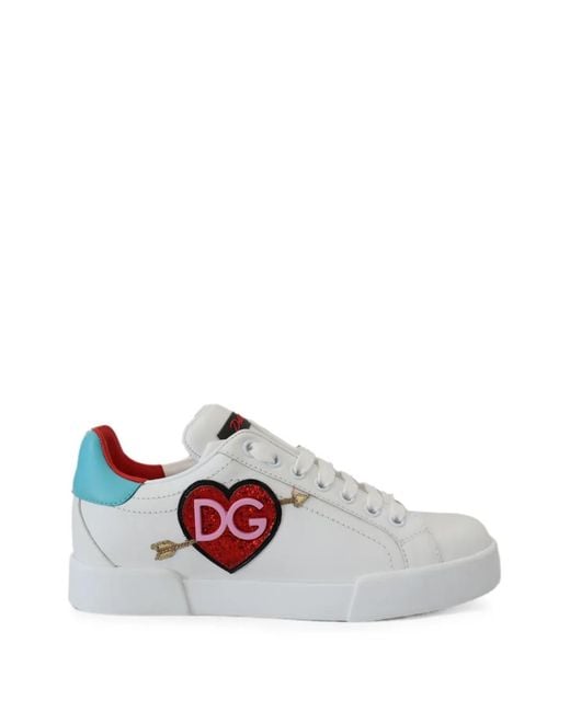 Dolce & Gabbana White Portofino Heart-Patch Leather Sneakers