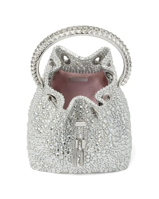 Jimmy Choo White Bon Bon Crystal-Embellished Circle-Handle Bucket Bag