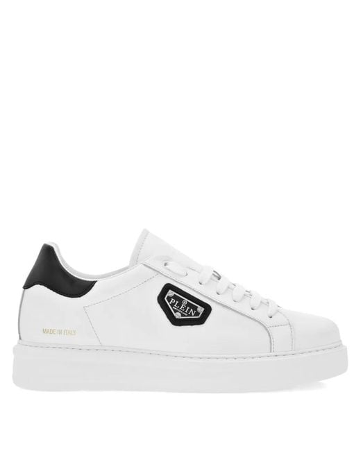 Philipp Plein White Logo-Plaque Leather Trainers