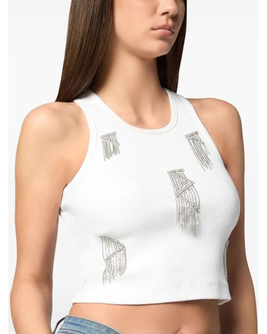 Philipp Plein White Cropped Tank Top With Intricate Fringe Detailing