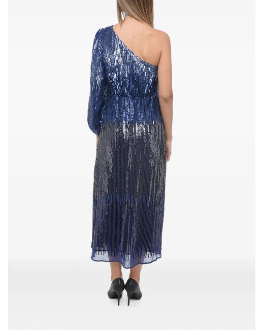 Rixo Blue Sequin-Embellished One-Shoulder Midi Dress