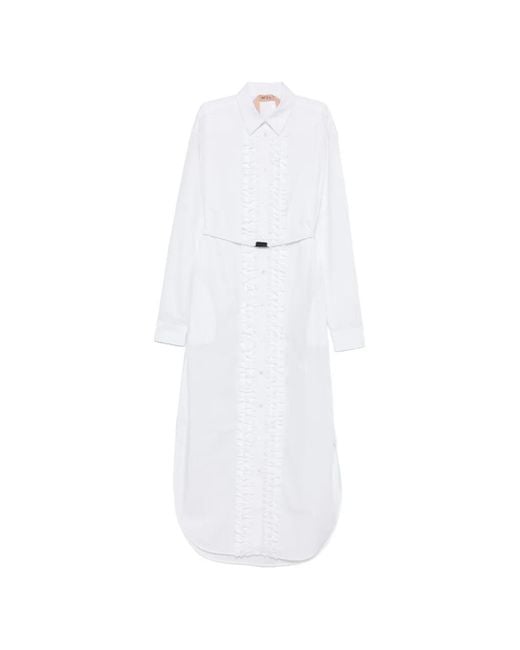 N°21 White Robe Mi-Longue Ceinturée À Volants