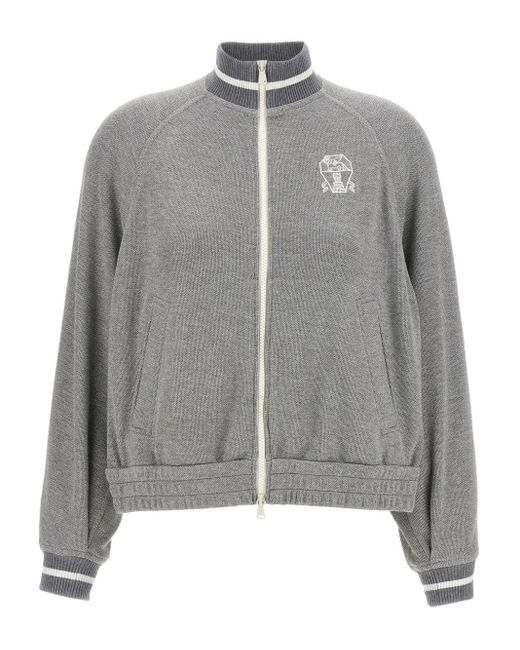 Brunello Cucinelli Gray Reißverschluss-Cardigan mit geripptem Kragen
