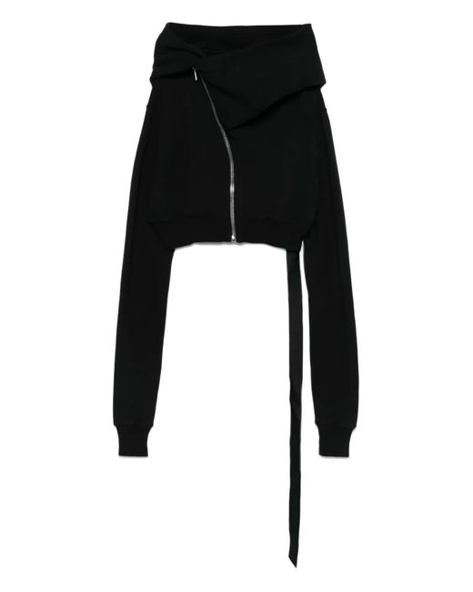 Rick Owens Black Draped Zip-Front Asymmetrical Hoodie for men