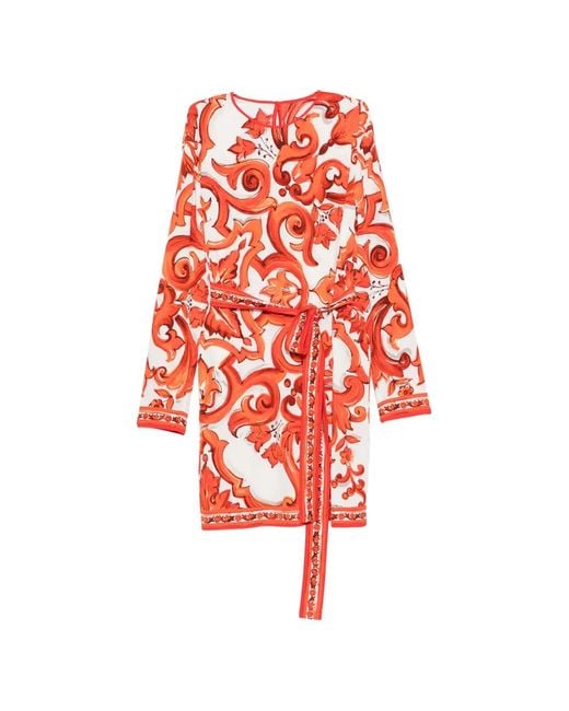 Dolce & Gabbana Red Baroque-Print Belted Mini Dress
