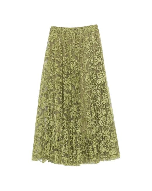 Ermanno Scervino Green Floral-Lace Pleated Midi Skirt