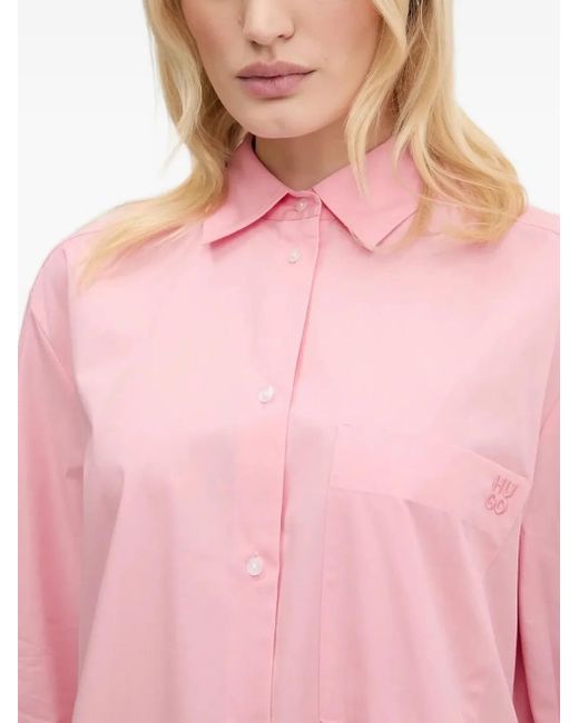 HUGO Pink Embroidered-Logo Cotton Shirt
