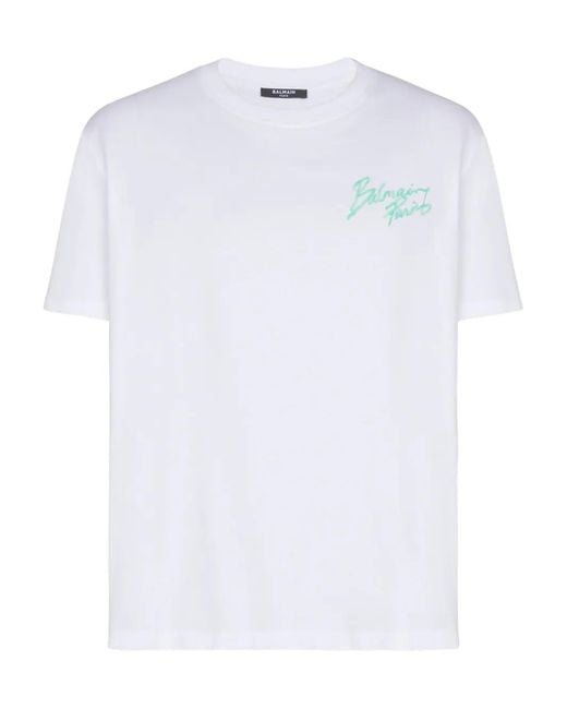 Balmain White T-Shirt With Paris Brush Print for men
