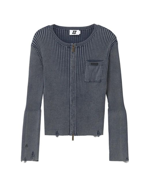Izzue Blue Distressed Ribbed-Knit Cardigan