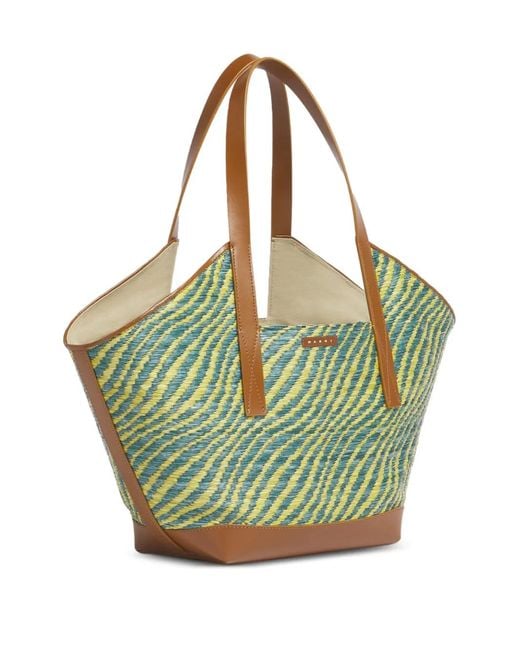 Marni Green Two-Tone Raffia-Effect Tote Bag