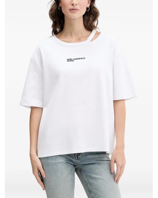Karl Lagerfeld White Cut-Out Logo-Embroidered T-Shirt