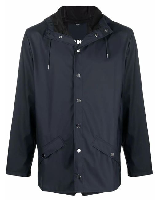 Rains Blue Drawstring-Hooded Buttoned Rain Jacket
