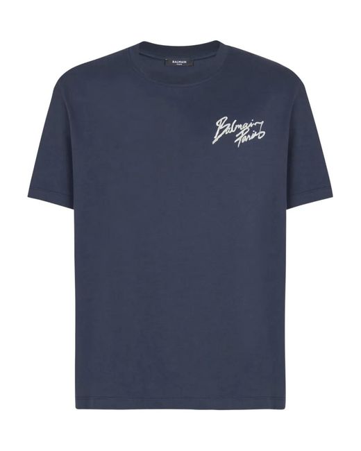 Balmain Blue Printed Cotton T-Shirt for men