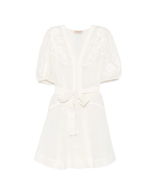 Twinset White Robe Courte À Fleurs Brodées