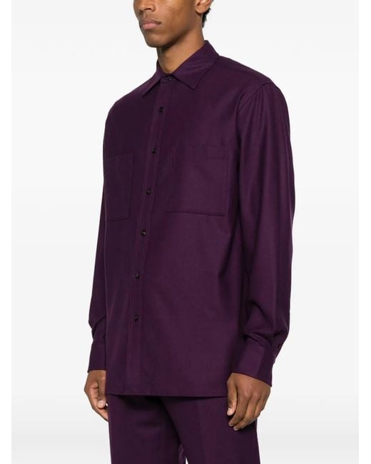 Cellar Door Purple Chest-Pocket Button Wool Shirt for men