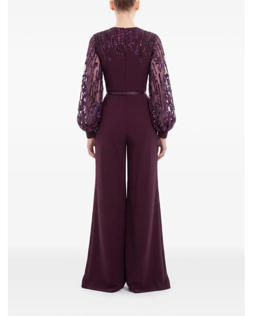 Saiid Kobeisy Purple Beaded V-Neck Belted Jumpsuit