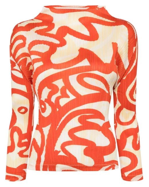 Blouse plissée Seeker à imprimé abstrait Pleats Please Issey Miyake en coloris Orange