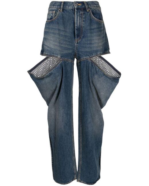 Area Blue Crystal-slits Tapered Jeans