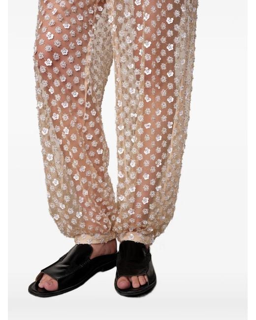 Herskind White Sequin-Embellished Floral-Patchwork Trousers