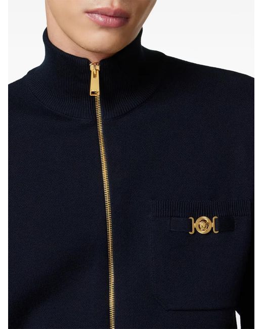 Versace Blue Cashmere-Cotton Knit Zip Sweater for men
