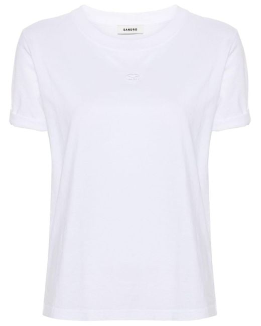 Sandro White Logo-embroidered Cotton T-shirt