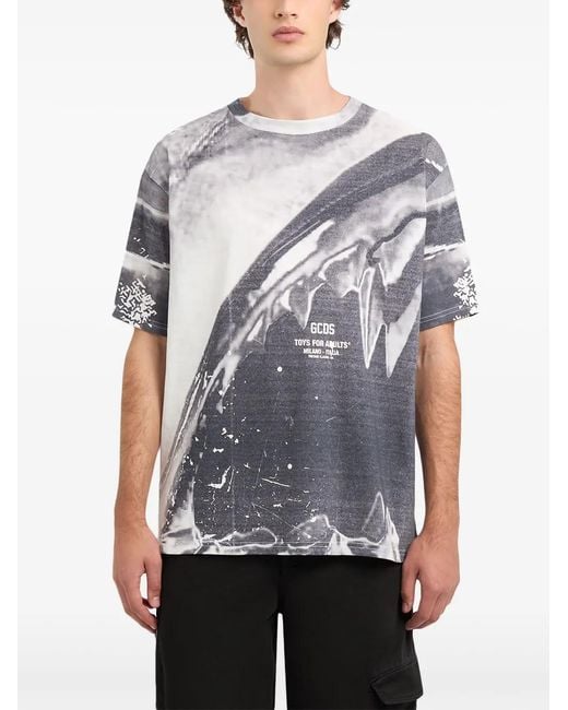 Gcds Gray Graphic Oversized Cotton T-Shirt for men