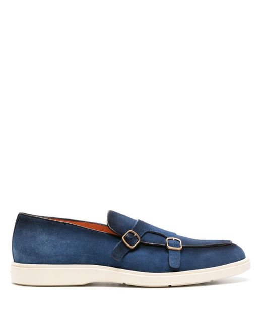 Santoni Blue Almond-toe Suede Monk Shoes for men
