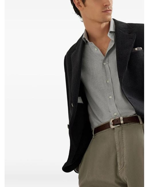 Brunello Cucinelli White Cotton-Blend Chevron Flannel Shirt for men