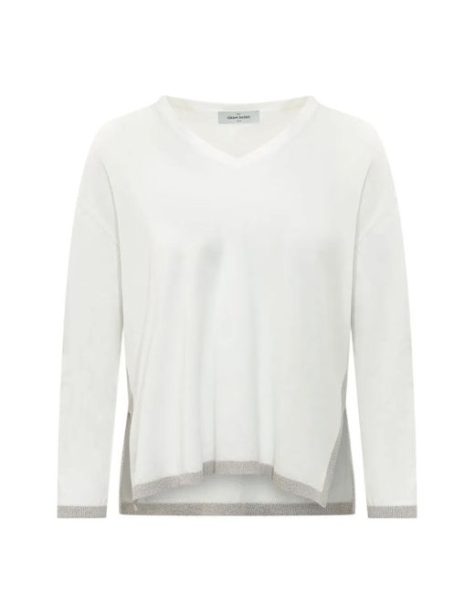 Gran Sasso White V-Neck Lurex-Trim Top