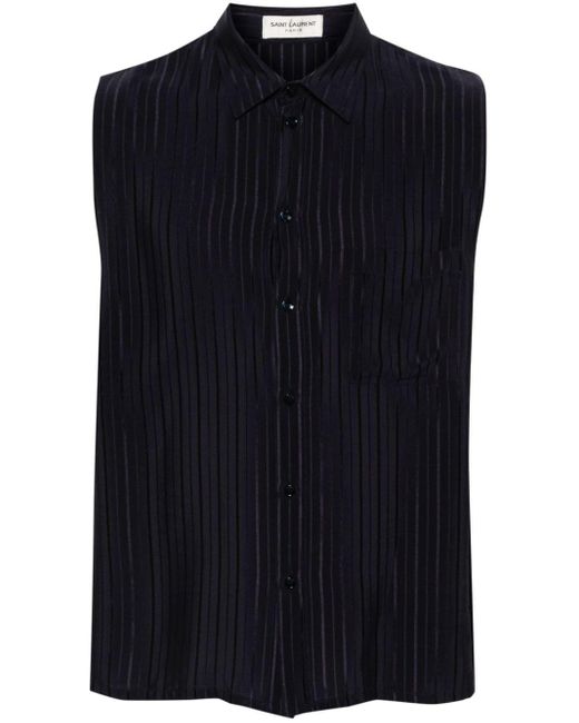 Saint Laurent Blue Striped Silk Sleeveless Shirt for men