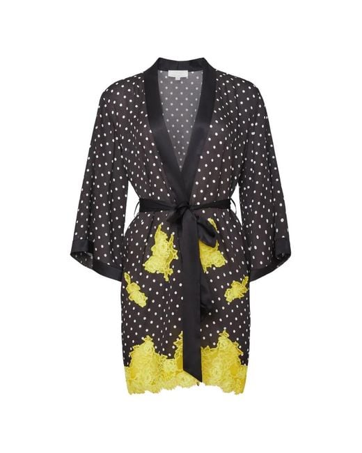 Fleur du Mal Black Juliet Polka-Dot Lace-Trim Robe