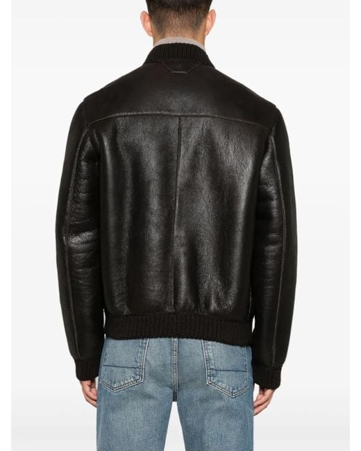 Salvatore Santoro Black Leather Bomber Jacket for men