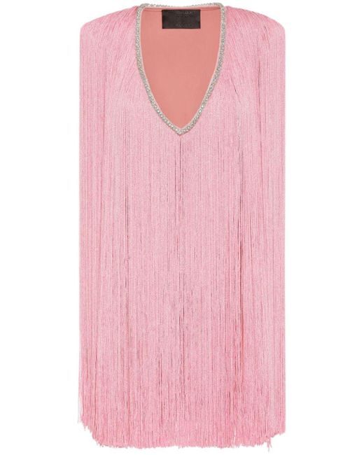 Philipp Plein Pink Fringed V-neck Mini Dress