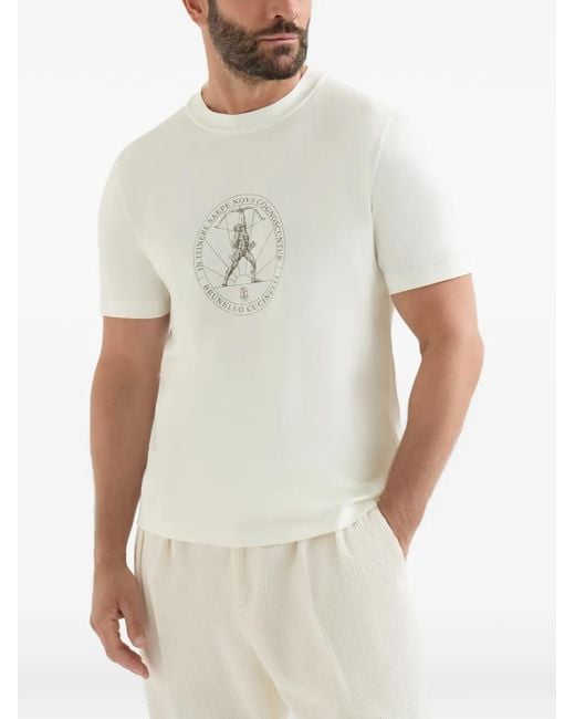 Brunello Cucinelli White T-Shirt À Col Rond En Jersey De Coton Avec Imprimé for men