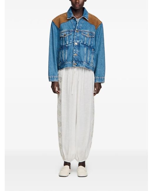 Sandro Blue Contrast-Panel Denim Jacket