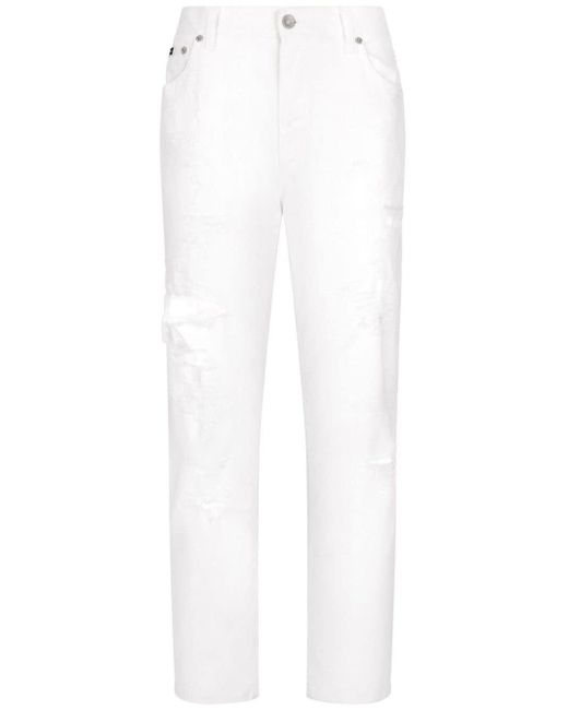 Dolce & Gabbana White Distressed Straight-leg Jeans