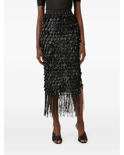 Elisabetta Franchi Black Skirt With 3D Embroideries And Fringes