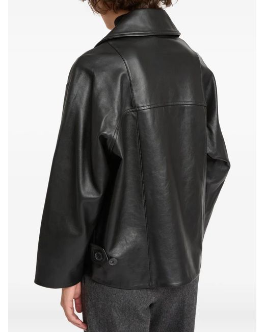 Yves Salomon Black Double-Breasted Leather Jacket