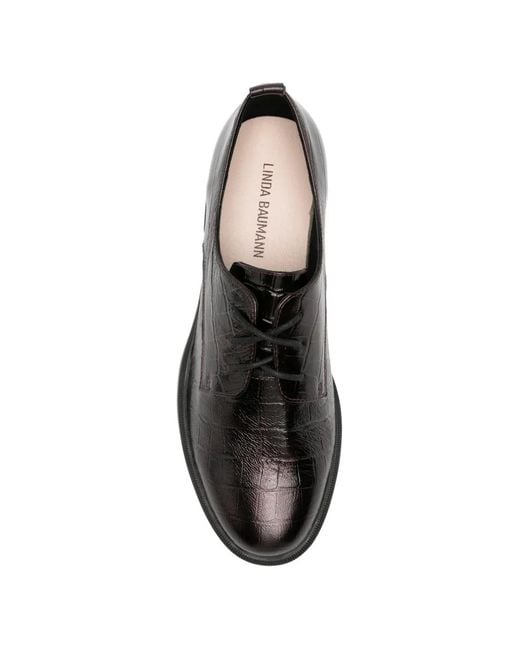 Linda Baumann Black Croc-Effect Lace-Up Fastening Oxford Shoes