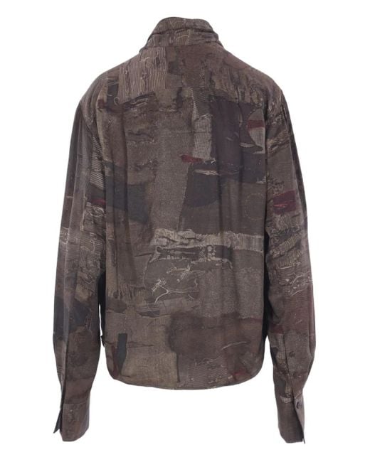 Ziggy Chen Brown Patchwork-Print Tie-Neck Shirt
