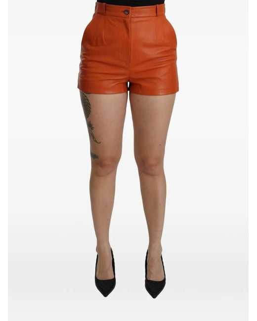 Dolce & Gabbana Orange High-Waisted Leather Mini Shorts