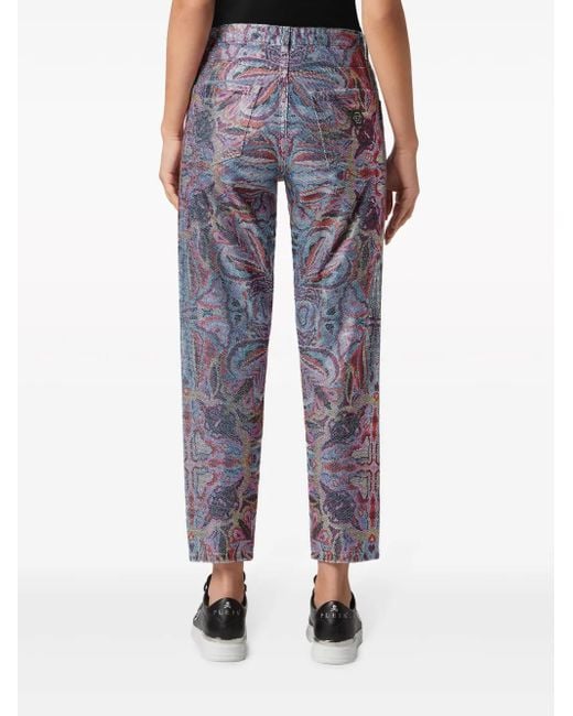 Philipp Plein Blue Denim Trousers Mom Fit Crystal Colorful Circus