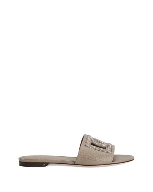 Dolce & Gabbana White Suede And Dauphine Calfskin Flat Slippers With Rhinestones