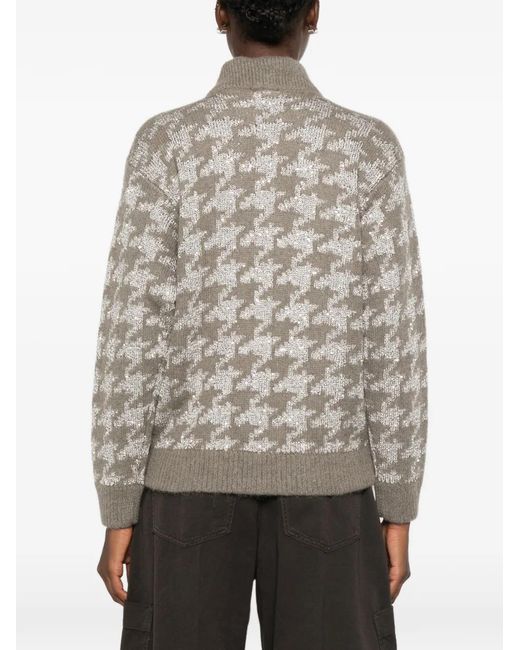 Panicale Gray Houndstooth-Pattern Sequin-Embellished Cardigan