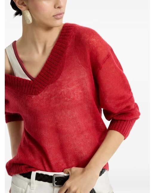 Brunello Cucinelli Red V-neck Knitted Sweater