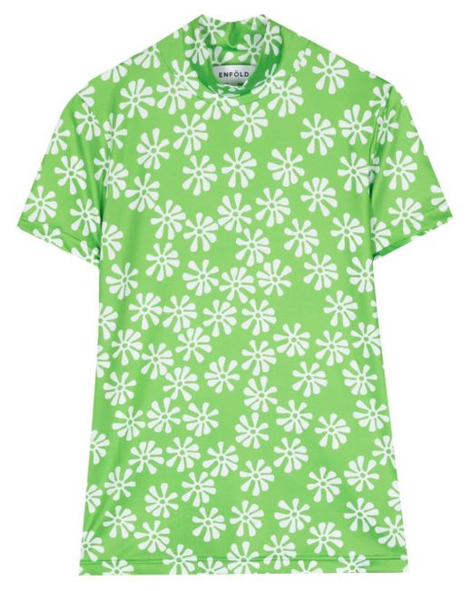 Enfold Green Floral-print Stand-neck T-shirt