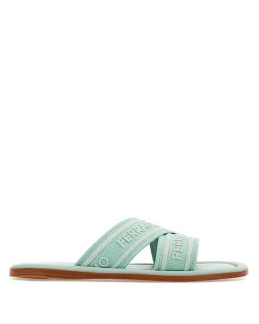 Ferragamo Green Logo-Print Round-Toe Slides